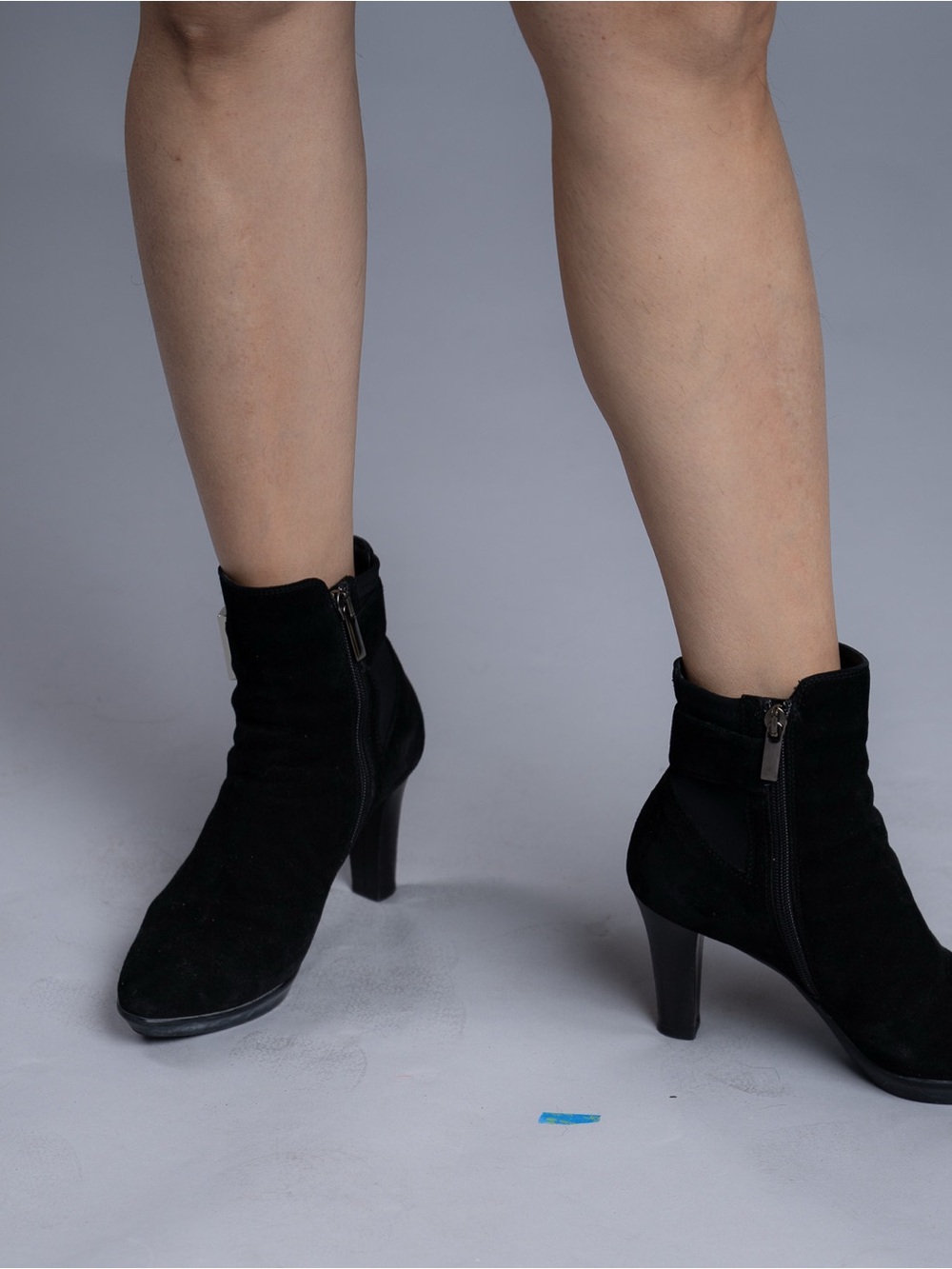 Aquatalia Black Suede Ankle Booties with Side Zip and Stacked Heel